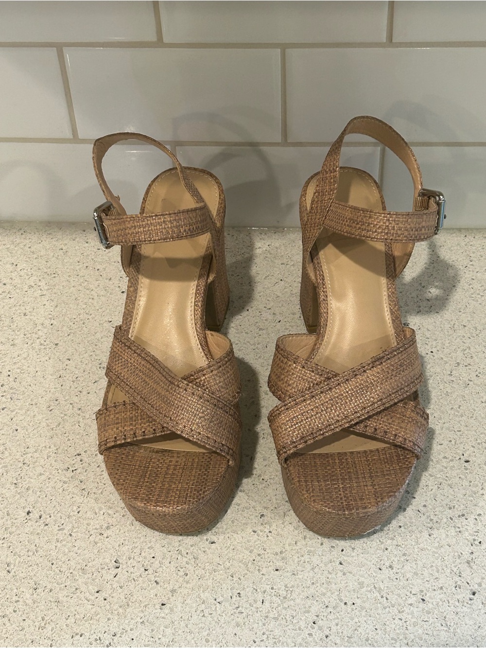 Woven Platform Slingback Sandals in Brown, Size 7 1/2